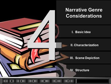 4 4 Narrative Genre Considerations Narrative Genre Considerations II. Characterization III. Scene Depiction I. Basic Idea IV. Structure.