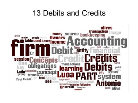 13 Debits and Credits. Pa rt 1 Introduction to Debits and CreditsIntroduction to Debits and Credits, What's an Account?, Double-Entry Accounting, Debits.