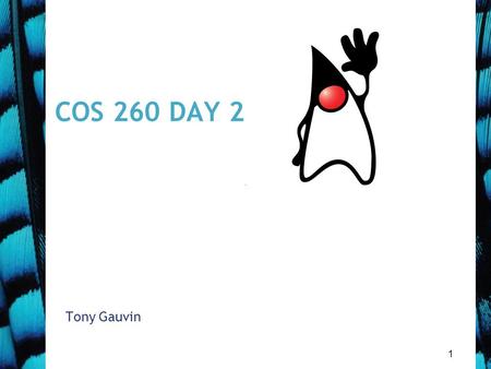 1 COS 260 DAY 2 Tony Gauvin. 2 Agenda Questions? Class roll call Blackboard Web Resources Objects and classes 1 st Mini quiz on chap1 terms and concepts.