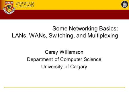 Some Networking Basics: LANs, WANs, Switching, and Multiplexing Carey Williamson Department of Computer Science University of Calgary.