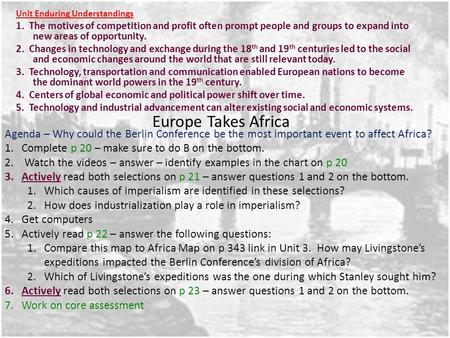 Europe Takes Africa Unit Enduring Understandings 1. The motives of competition and profit often prompt people and groups to expand into new areas of opportunity.