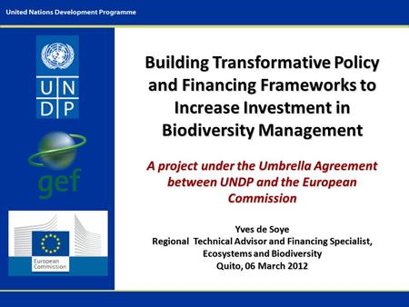 Building Transformative Policy and Financing Frameworks to Increase Investment in Biodiversity Management A project under the Umbrella Agreement between.