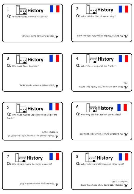 1 Q: And where was Jeanne d’Arc burnt? A: Jeanne d’Arc was burnt in Rouen. 8 Q: Where did marshal Pétain and Hitler meet? A: Marshal Pétain and Hitler.