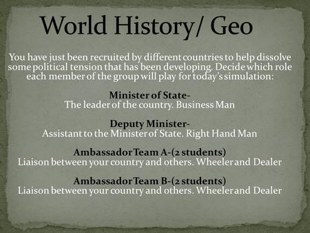 You have just been recruited by different countries to help dissolve some political tension that has been developing. Decide which role each member of.