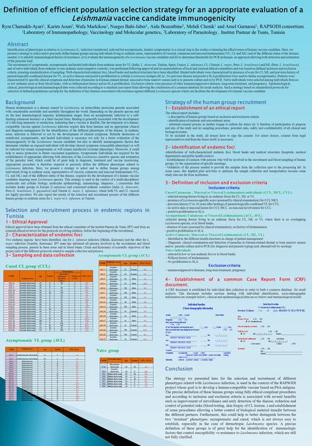 Definition of efficient population selection strategy for an appropriate evaluation of a Leishmania vaccine candidate immunogenicity Rym Chamakh-Ayari.