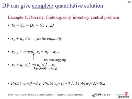 ECES 741: Stochastic Decision & Control Processes – Chapter 1: The DP Algorithm 49 DP can give complete quantitative solution Example 1: Discrete, finite.