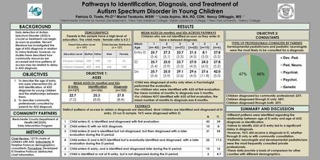 Pathways to Identification, Diagnosis, and Treatment of Autism Spectrum Disorder in Young Children Patricia O. Towle, Ph.D 1,2 Mariel Taratunio, MSW 1,3,4.