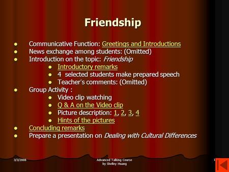 Advanced Talking Course by Shelley Huang 1 3/3/2008 Friendship Communicative Function: Greetings and Introductions Communicative Function: Greetings and.