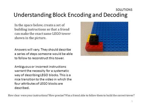 Understanding Block Encoding and Decoding In the space below, create a set of building instructions so that a friend can make the exact same LEGO tower.