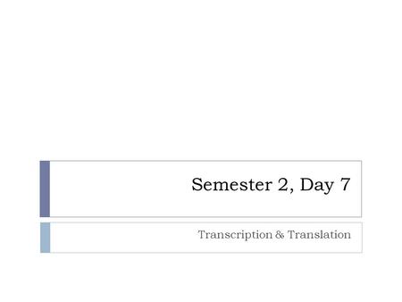 Semester 2, Day 7 Transcription & Translation. Agenda  Study for DNA, RNA, Proteins, Semiconservative Replication Quiz  Turn in homework: Section 11.1-11.3.