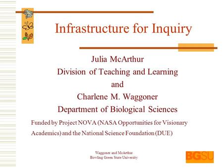 Waggoner and McArthur Bowling Green State University Infrastructure for Inquiry Julia McArthur Division of Teaching and Learning and Charlene M. Waggoner.