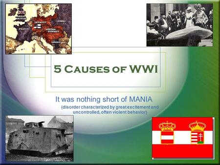 5 Causes of WWI It was nothing short of MANIA (disorder characterized by great excitement and uncontrolled, often violent behavior)