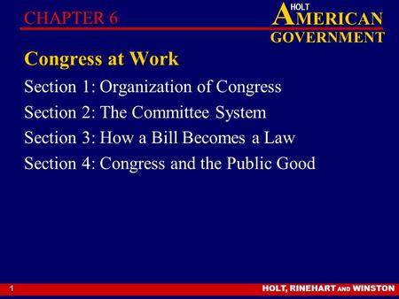 HOLT, RINEHART AND WINSTON A MERICAN GOVERNMENT HOLT 1 Congress at Work Section 1: Organization of Congress Section 2: The Committee System Section 3: