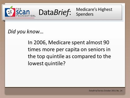 DataBrief: Did you know… DataBrief Series ● October 2011 ● No. 24 Medicare’s Highest Spenders In 2006, Medicare spent almost 90 times more per capita on.