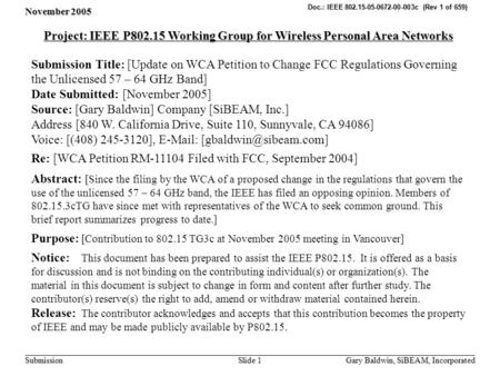 November 2005 Gary Baldwin, SiBEAM, Incorporated Slide 1 Submission Doc.: IEEE 802.15-05-0672-00-003c (Rev 1 of 659) Project: IEEE P802.15 Working Group.