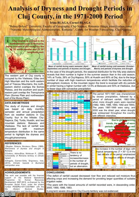 Analysis of Dryness and Drought Periods in Cluj County, in the 1971-2000 Period Irina BLAGA, Cornel BLAGA Babeş-Bolyai University, Faculty of Geography,