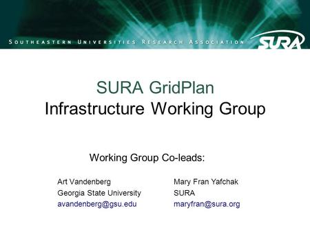 SURA GridPlan Infrastructure Working Group Art Vandenberg Georgia State University Mary Fran Yafchak SURA Working.