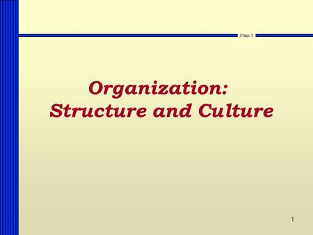 1 Chap 3 Organization: Structure and Culture. 2 Chap 3 We have defined our corporate strategy and method for selecting our project. We must define what.