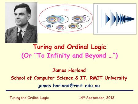 Turing and Ordinal Logic14 th September, 2012 Turing and Ordinal Logic (Or “To Infinity and Beyond …”) James Harland School of Computer Science & IT, RMIT.