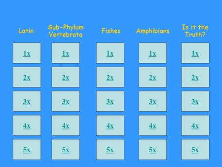 1x 2x 3x 4x 5x Latin Sub-Phylum Vertebrata Amphibians Is it the Truth? 1x 2x 3x 4x 5x 1x 2x 3x 4x 5x 1x 2x 3x 4x 5x 1x 2x 3x 4x 5x Fishes.