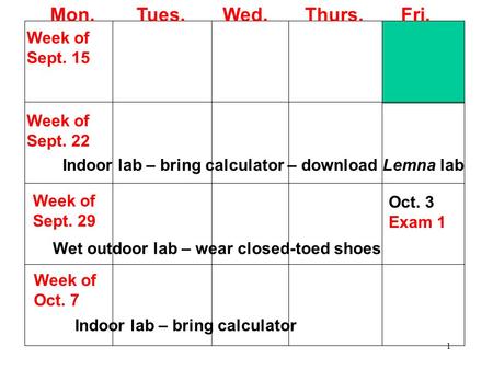 1 Mon. Tues. Wed. Thurs. Fri. Indoor lab – bring calculator – download Lemna lab Week of Sept. 15 Week of Sept. 22 Wet outdoor lab – wear closed-toed shoes.