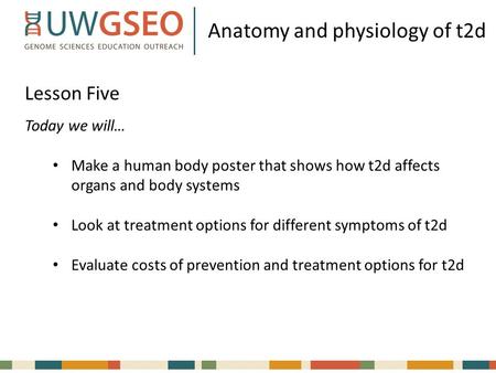 Anatomy and physiology of t2d Lesson Five Today we will… Make a human body poster that shows how t2d affects organs and body systems Look at treatment.