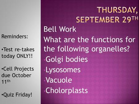 Bell Work What are the functions for the following organelles? Golgi bodies Lysosomes Vacuole Cholorplasts Reminders: Test re-takes today ONLY!! Cell Projects.