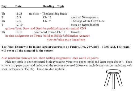 Day DateReadingTopic Th11/28no class – Thanksgiving Break T12/3Ch. 12more on Neurogenesis Th12/5Ch. 9 The Saga of the Germ Line T12/10more on Reproduction.