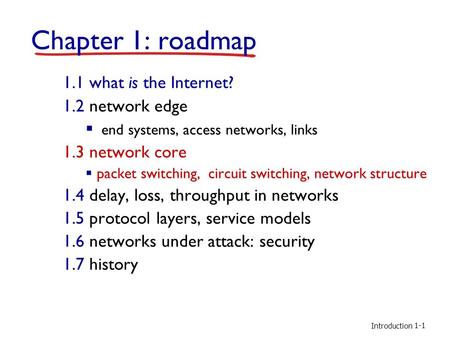 Introduction Chapter 1: roadmap 1.1 what is the Internet? 1.2 network edge  end systems, access networks, links 1.3 network core  packet switching, circuit.