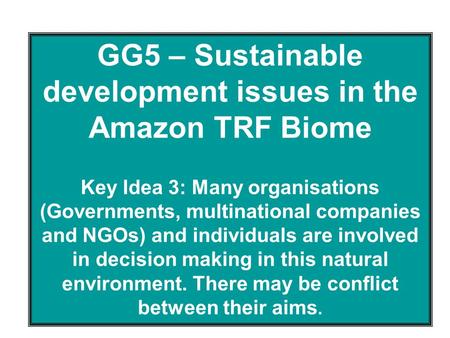 GG5 – Sustainable development issues in the Amazon TRF Biome Key Idea 3: Many organisations (Governments, multinational companies and NGOs) and individuals.