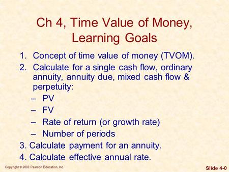 Copyright © 2003 Pearson Education, Inc. Slide 4-0 Ch 4, Time Value of Money, Learning Goals 1.Concept of time value of money (TVOM). 2.Calculate for a.