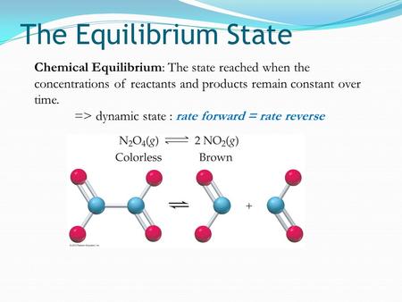 The Equilibrium State Chemical Equilibrium: The state reached when the concentrations of reactants and products remain constant over time. => dynamic state.