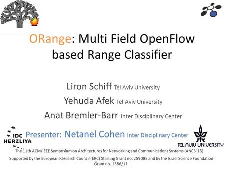 ORange: Multi Field OpenFlow based Range Classifier Liron Schiff Tel Aviv University Yehuda Afek Tel Aviv University Anat Bremler-Barr Inter Disciplinary.