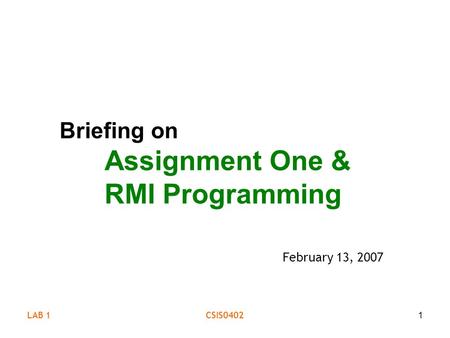 LAB 1CSIS04021 Briefing on Assignment One & RMI Programming February 13, 2007.