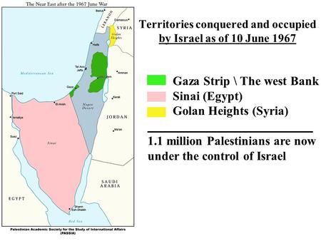 Territories conquered and occupied by Israel as of 10 June 1967 Gaza Strip \ The west Bank Sinai (Egypt) Golan Heights (Syria) 1.1 million Palestinians.