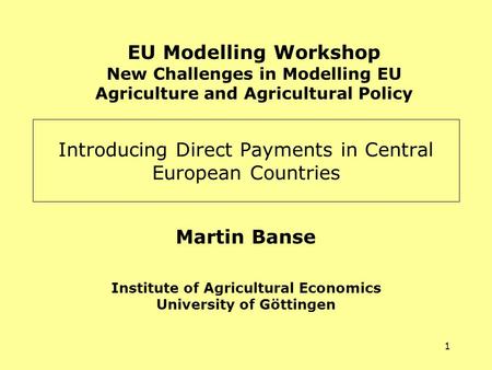 1 Introducing Direct Payments in Central European Countries Martin Banse Institute of Agricultural Economics University of Göttingen EU Modelling Workshop.