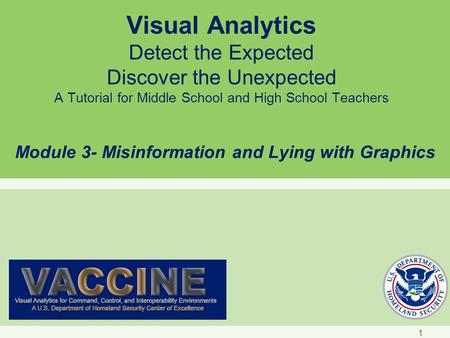 Visual Analytics Detect the Expected Discover the Unexpected A Tutorial for Middle School and High School Teachers Module 3- Misinformation and Lying with.