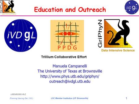 LIGO- G020001-00-Z Planning Meeting (Dec 2002)LSC Member Institution (UT Brownsville) 1 Manuela Campanelli The University of Texas at Brownsville