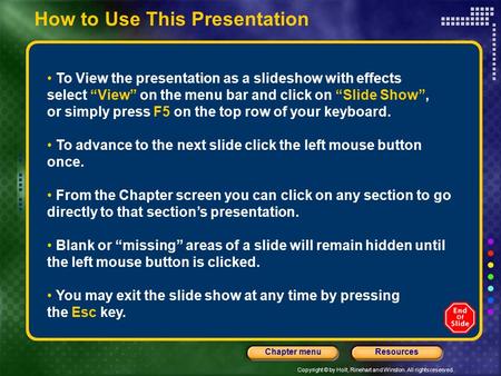 How to Use This Presentation To View the presentation as a slideshow with effects select “View” on the menu bar and click on “Slide Show”, or simply press.