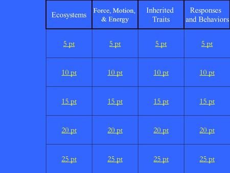 1 5 pt 10 pt 15 pt 20 pt 25 pt 5 pt 10 pt 15 pt 20 pt 25 pt 5 pt 10 pt 15 pt 20 pt 25 pt 5 pt 10 pt 15 pt 20 pt 25 pt Ecosystems Force, Motion, & Energy.