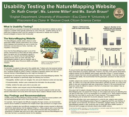 What is Usability Testing? The NatureMapping Website 1 English Department, University of Wisconsin—Eau Claire  2 University of Wisconsin-Eau Claire 