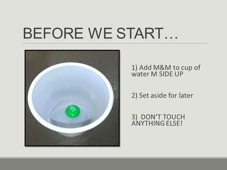 BEFORE WE START… 1) Add M&M to cup of water M SIDE UP 2) Set aside for later 3) DON’T TOUCH ANYTHING ELSE!