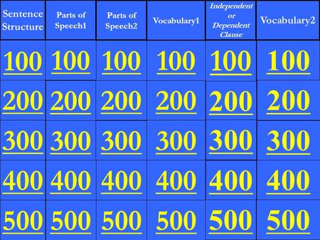 Sentence Structure Parts of Speech1 Parts of Speech2 Vocabulary1 Vocabulary2 300 400 500 100 200 300 400 500 100 200 300 400 500 100 200 300 400 500 100.