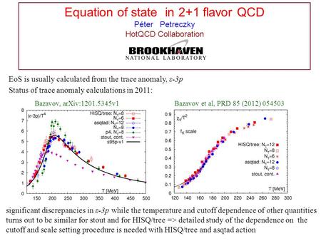 Equation of state in 2+1 flavor QCD Péter Petreczky HotQCD Collaboration Status of trace anomaly calculations in 2011: significant discrepancies in ε-3p.