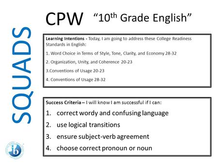 SQUADS Learning Intentions - Today, I am going to address these College Readiness Standards in English: 1. Word Choice in Terms of Style, Tone, Clarity,