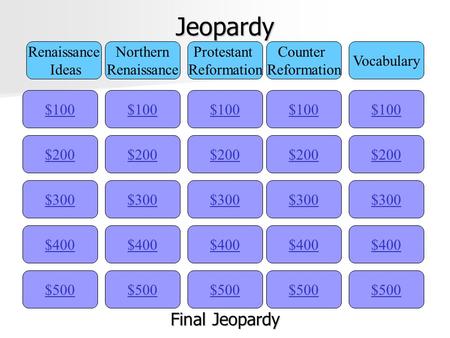 Jeopardy $100 Renaissance Ideas Northern Renaissance Protestant Reformation Counter Reformation Vocabulary $200 $300 $400 $500 $400 $300 $200 $100 $500.