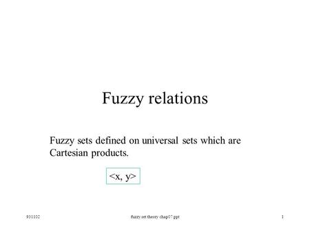 931102fuzzy set theory chap07.ppt1 Fuzzy relations Fuzzy sets defined on universal sets which are Cartesian products.