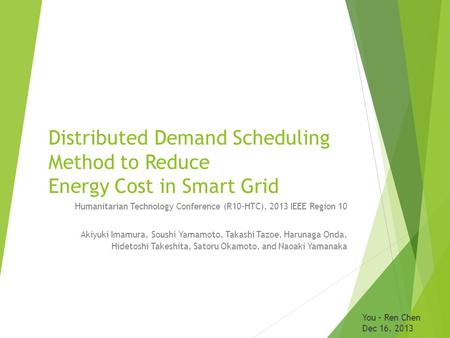 Distributed Demand Scheduling Method to Reduce Energy Cost in Smart Grid Humanitarian Technology Conference (R10-HTC), 2013 IEEE Region 10 Akiyuki Imamura,