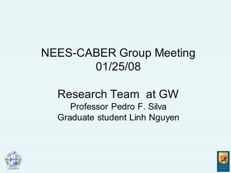 NEES-CABER Group Meeting 01/25/08 Research Team at GW Professor Pedro F. Silva Graduate student Linh Nguyen.