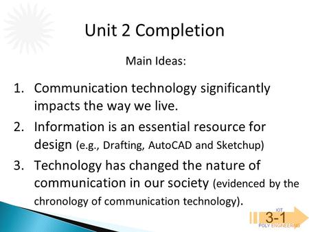 IOT POLY ENGINEERING 3-1 1.Communication technology significantly impacts the way we live. 2.Information is an essential resource for design (e.g., Drafting,